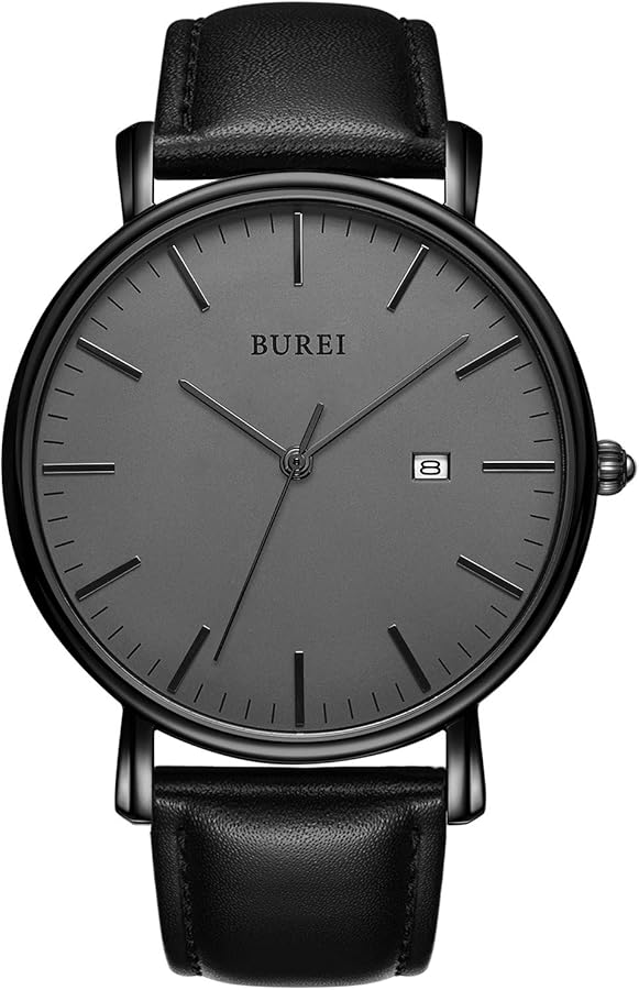 BUREI Reloj de Pulsera clásico para Hombres Estuche Ultra Fino Minimalista Dial analógico con Fecha Movimiento de Cuarzo japonés
