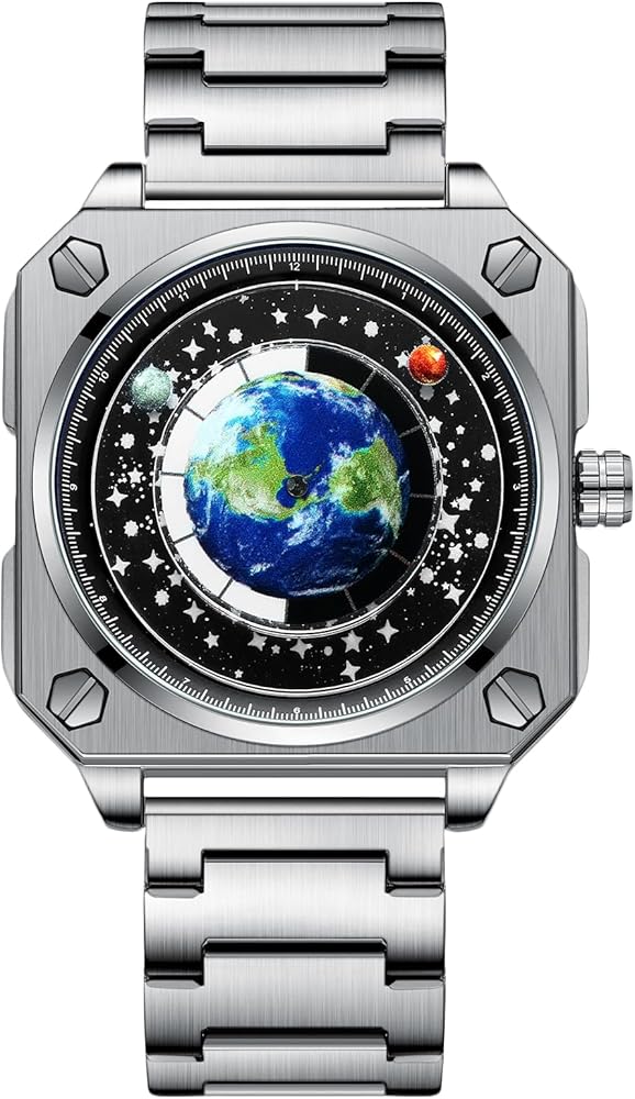 RORIOS Masculino Creativo Relojes Sin Manos Reloj de Pulsera Analógico Cuarzo Cuadrado Reloj Tierra Esfera Reloj Diseño Moda Reloj para Hombres Acero Inoxidable