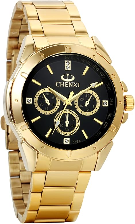 Avaner Reloj Dorado de Esfera Oro de Color, Reloj de Caballero Cuarzo, 3 Subdiales de Decoración, Grande Reloj de Hombre Acero Inoxidable Hip Hop Style, Regalo Navidad