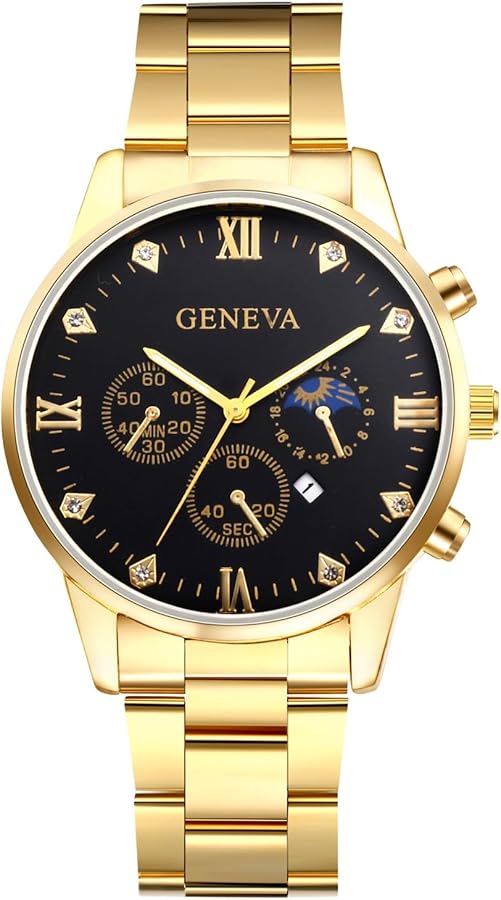 OIDEA Reloj Analógico Redondo Hombre: Reloj de Cuarzo Dorado para Caballero Esfera Decorativa de Tres Ojos Correa de Acero Inoxidable Extraíble Fecha Puntero Luminoso - para Ocio Negocios Regalos