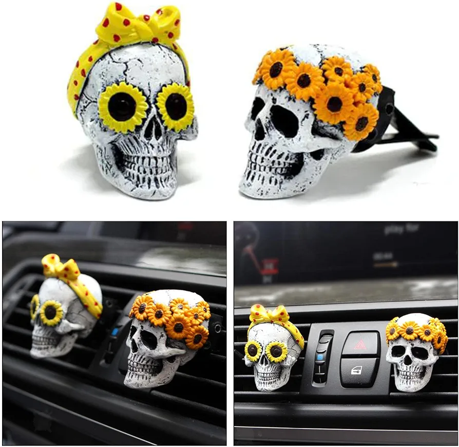 Halloween Decoracion Ambientador Coche 2pcs Skull Decoración Ambientador Olor Coche Nuevo Accesorios para Coche Interior Eliminador de Olores de Aromaterapia Regalo Navidad