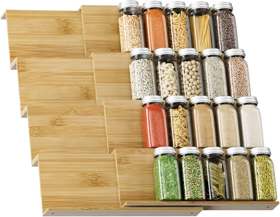 Exabang Juego de 8 Especiero Cajon, Organizador de Especias Extensible de 30 cm a 60 cm, Organizador de Estante Botes Especias Estanteria Bambu para Cocina, Armario, Encimera, Estante (Naturaleza)