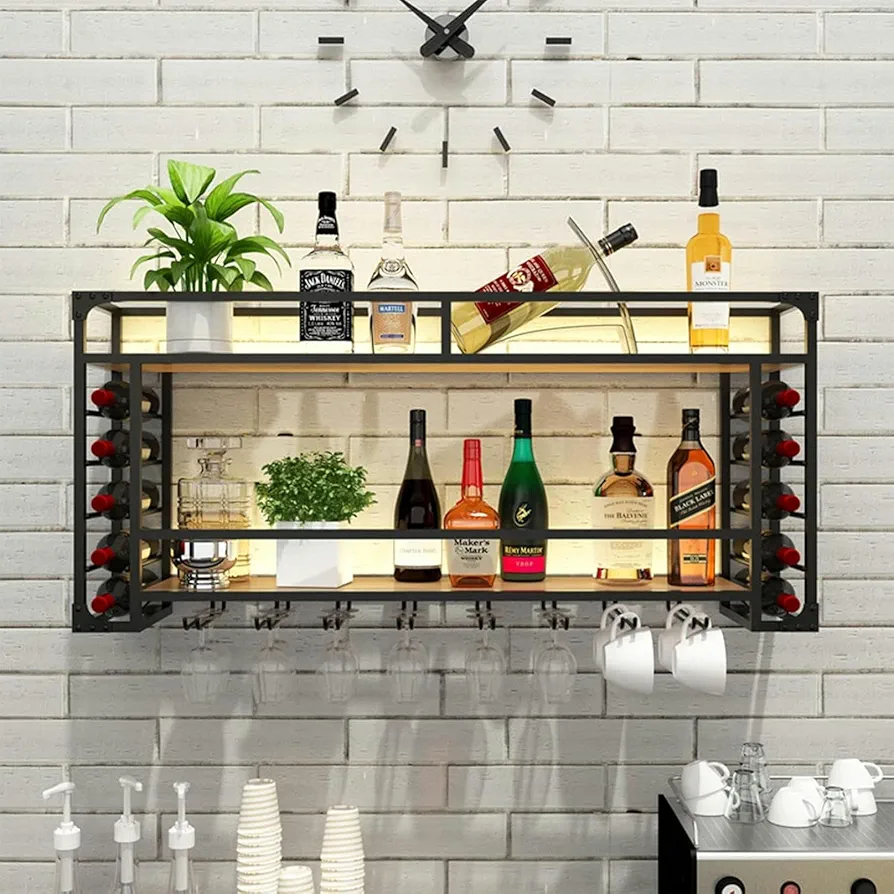 Estante de Vino de Pared con Luces, Mueble Industrial de Metal para licores, Estante Flotante de Madera de 2 Niveles, Estante de exhibición para decoración de Cocina, hogar y Bar, 1, 120 x 2