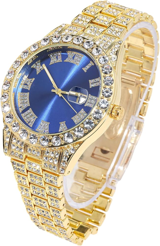 HALUKAKAH Diamante Reloj de Oro Iced out,Hombre Chapado en Oro Real de 18k/Platino Oro Blanco Cuarzo Pulsera 24cm Esfera Azul,con Cadena de Tenis Collar Pulsera Opciones,Viene con Caja de Regalo