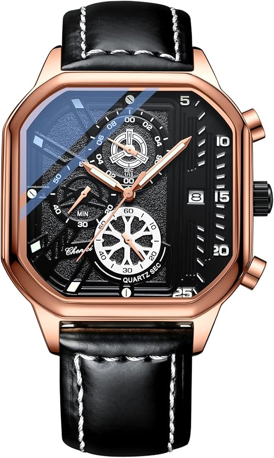 JewelryWe Reloj de Cuarzo para Hombre, Reloj para Hombre Fashion Cool Square Case Luminous Hands Independent Seconds Dial Calendar Small Dial Disponible Multifuncional Correa de Cuero Genuino