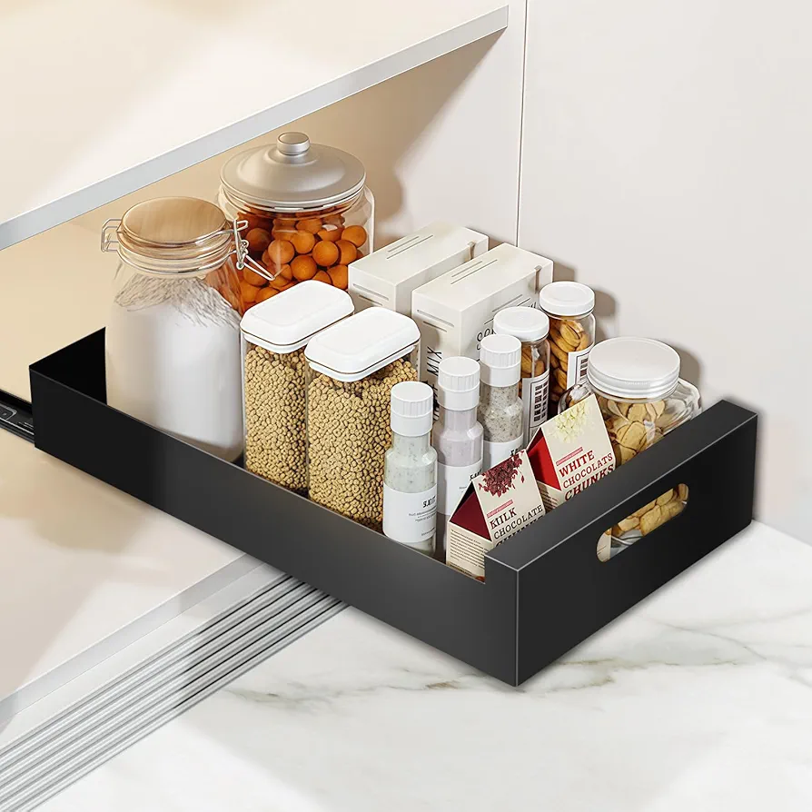 Miyacare Cajón Telescópico, Cajón Deslizante Para Alacena, Cajón de Cocina Extensible Desplegable, Sin Necesidad de Taladrar Ni Clavar Para organizar la base de la cocina, despensa y baño (30CM-Negro)