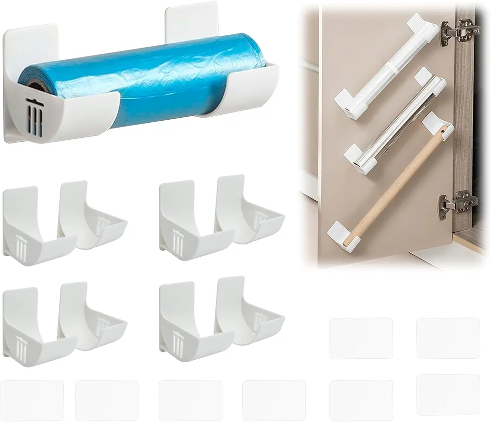 duozoanz Soporte Papel Aluminio Estantería Colgante - Autoadhesivo Organizador Estante Pared Almacenamiento con 4 Pares para Cocina Portarrollos Puerta Armarios Frigoríficos, Blanco
