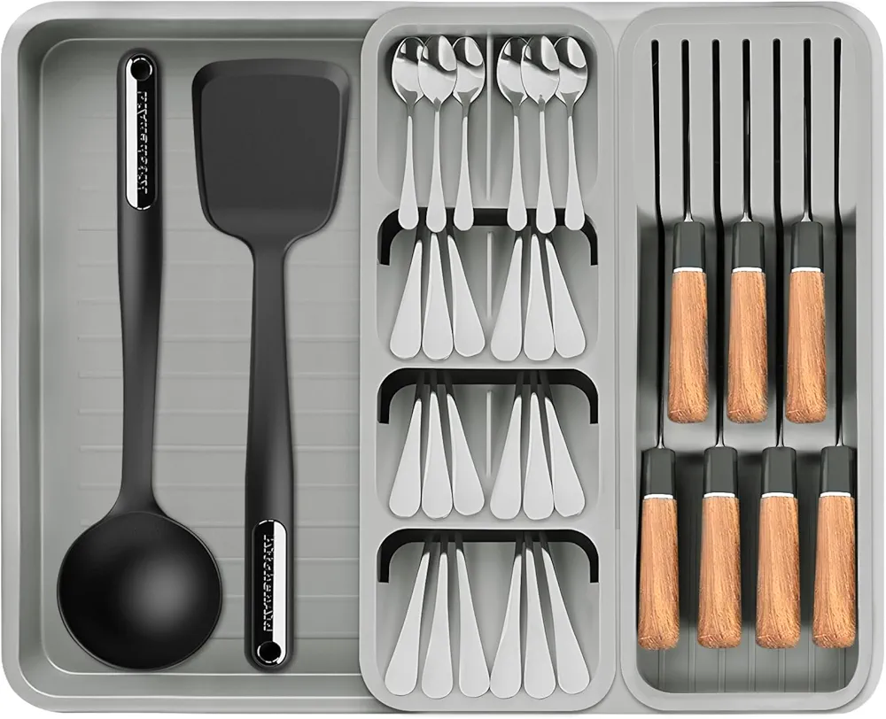 LPAOIS Organizador de Cubiertos para Cajón de Cocina, 43,5 x 40 x 5 cm, Bandeja Extensible para Cucharas, Tenedores y Cuchillos, Grande, Gris