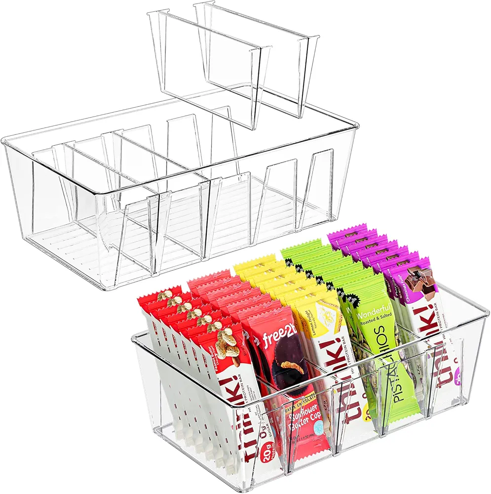Puricon Paquete de 2 Contenedores de Almacenamiento de Alimentos, Organizador Apilable para Despensa, Cocina, Nevera con Separadores Extraíbles y 5 Compartimentos de Plástico -Transparente