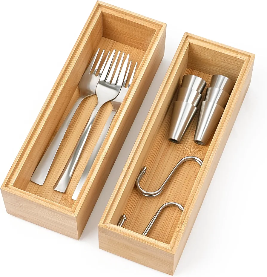 Winter Shore Organizador Cajones de Bambú (Pack de 2) - Organizador Cubiertos Cajones Apilables y Porta Utensilios - Organizador Cocina y Caja Cubertero - Almacenaje Pequeño de Cubiertos y Oficina