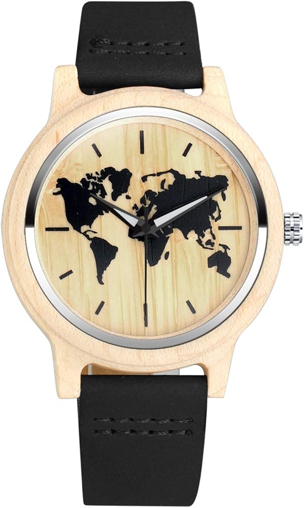 MicLee Men's Wrist Watches, Men's Women's Bamboo Wood Watch, World Map Wooden Watch, with Leather Band, Natural Wood Quartz Watch, Decorative Casual Watch