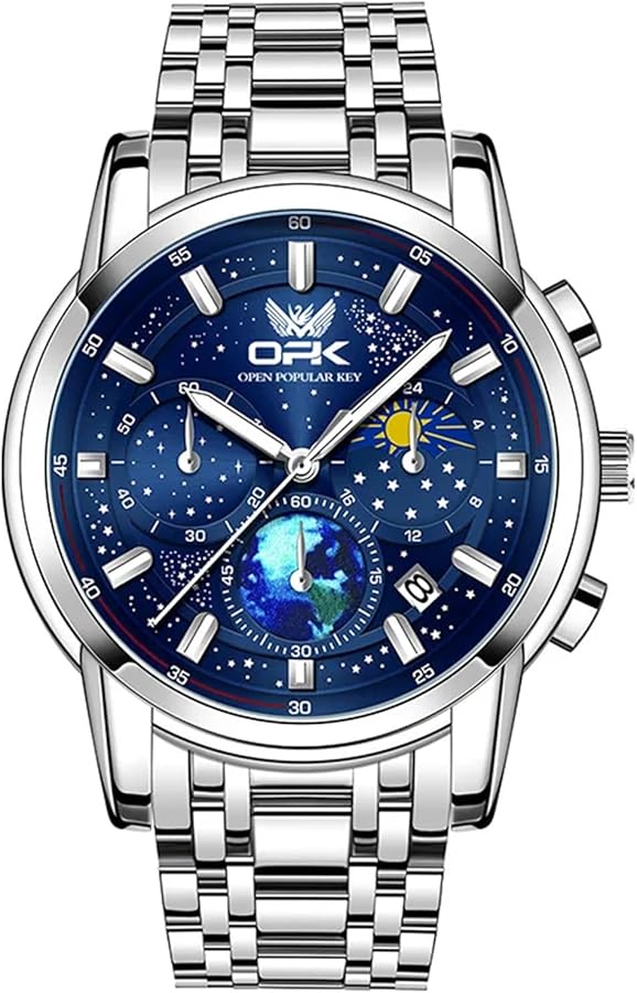 FORSINING Reloj analógico de cuarzo para hombre, 20 mm, acero inoxidable, fase lunar, cielo estrellado, esfera grande, reloj de moda para hombre, luminoso