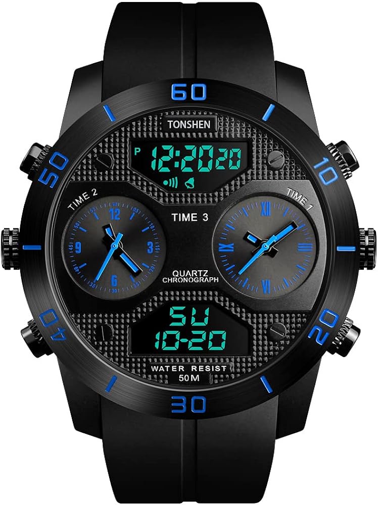 TONSHEN Hombre Fashion Grande Impermeable 50M Resistente al Agua Reloj Analógico Cuarzo LED Electrónica Tres Tiempo Alarma Outdoor Militar Deportivo Digital Relojes de Pulsera y Goma Correa