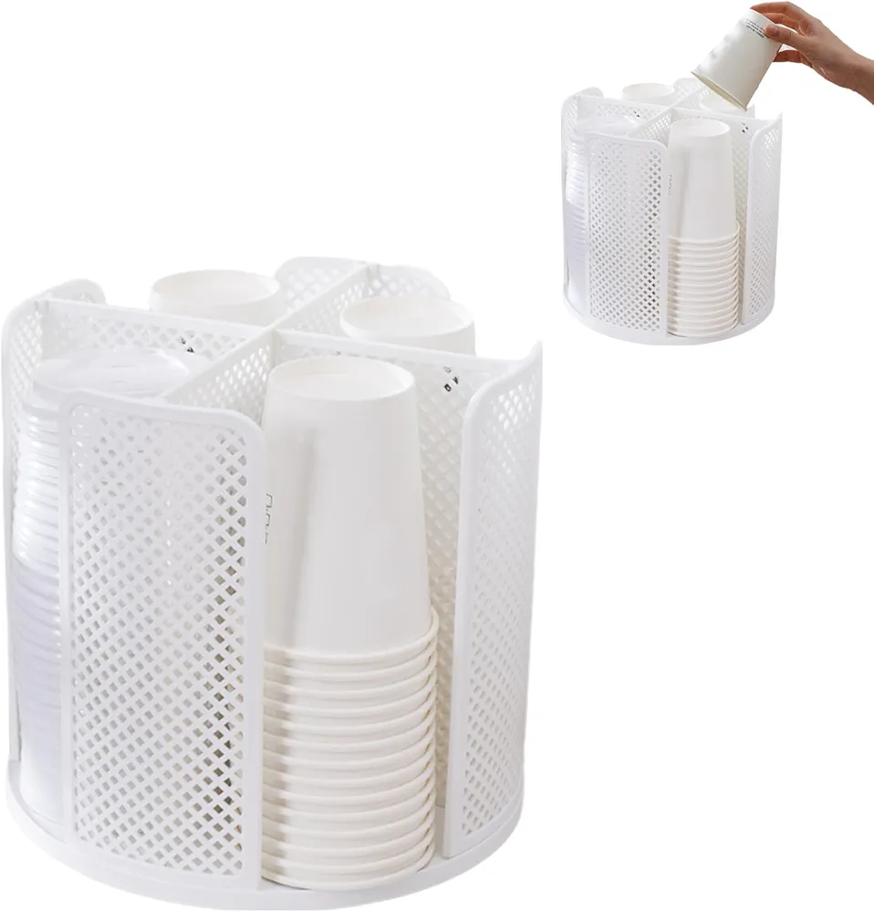 Organizador de tazas y tapas, dispensador de tazas de café giratorio de 360°, soporte de almacenamiento de tazas de papel con 4 compartimentos para encimera, estación de café, bufé, armario de cocina,