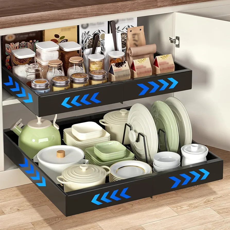 wordmouk Cajones Extraibles Para Cocina Cajon Extraible Mueble Armario Gaveta Organizador Cajón Bandeja Extensible Desplegable Sin Necesidad De Taladrar, Anchura Ajustable 32-52 cm, Negro, 1 pieza
