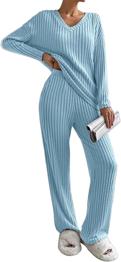 Yutdeng Conjunto Punto Mujer 2 Piezas Pantalon y Jersey Cuello V Pierna Ancha Casual Traje Mujer Elegante Conjunto de Punto Mujer Invierno Otoño Conjunto Mujer Vestir Dos Piezas