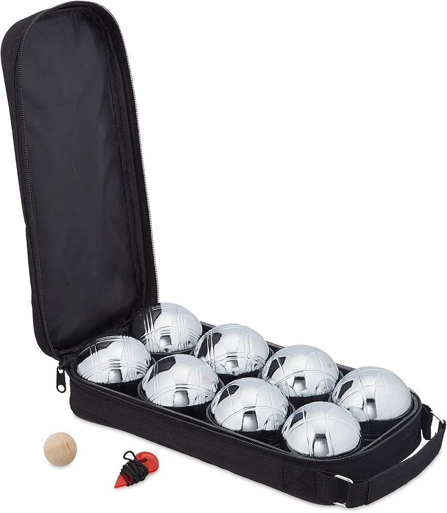 Relaxdays Bolas Petanca, 8 Pelotas Metal, Set con Bola de Tiro y Medidor de Distancia, Bolsa Transporte, Negro/Plateado, Nailon, 7 cm