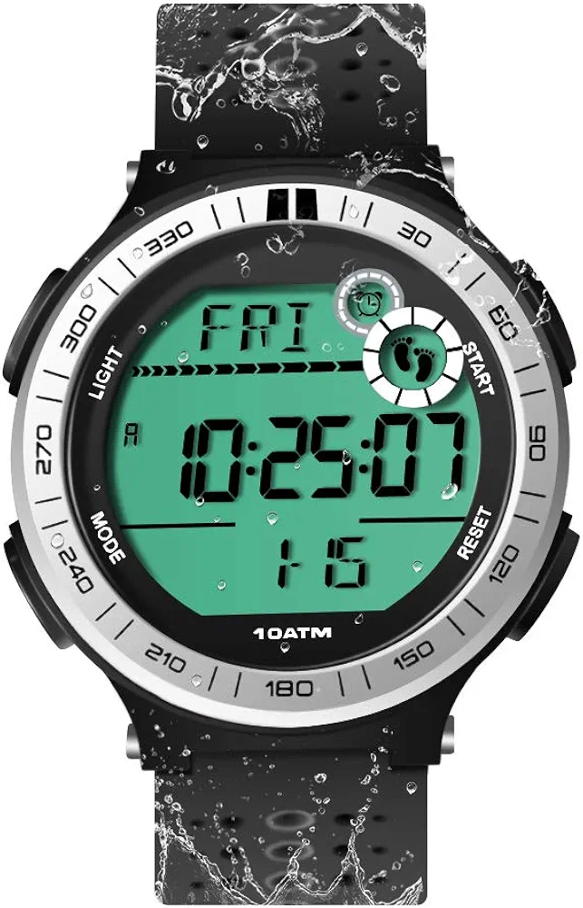 TEKMAGIC 10 ATM Impermeable Reloj de Pulsera Deportivo Podómetro para Hombres Niños Reloj Buceo con Función de Cronómetro de Vuelta y Reloj Despertador, Formato de 12/24 Horas Seleccionable
