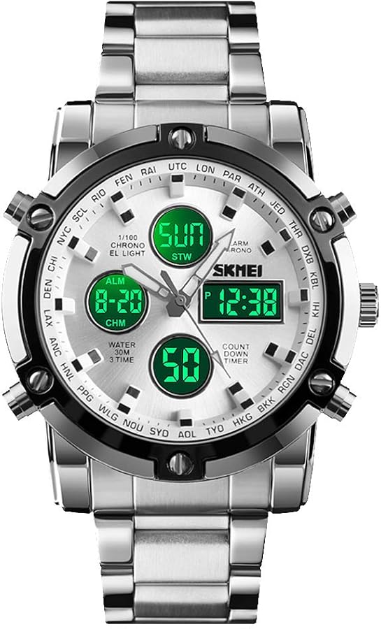 SKMEI Reloj de Pulsera para Hombre, Resistente al Agua, analógico, Digital, con cronógrafo LED multitiempo, Acero Inoxidable, Relojes de Negocios para Hombre