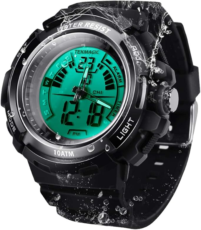 Reloj Pulsera Hombre Impermeable 100 Metros para Buceo y Nadar con Visualización Digital y Analógico, Despertador, Cronógrafo, Hora Dual, Calendario, Cuenta Regresiva, Luz Trasera