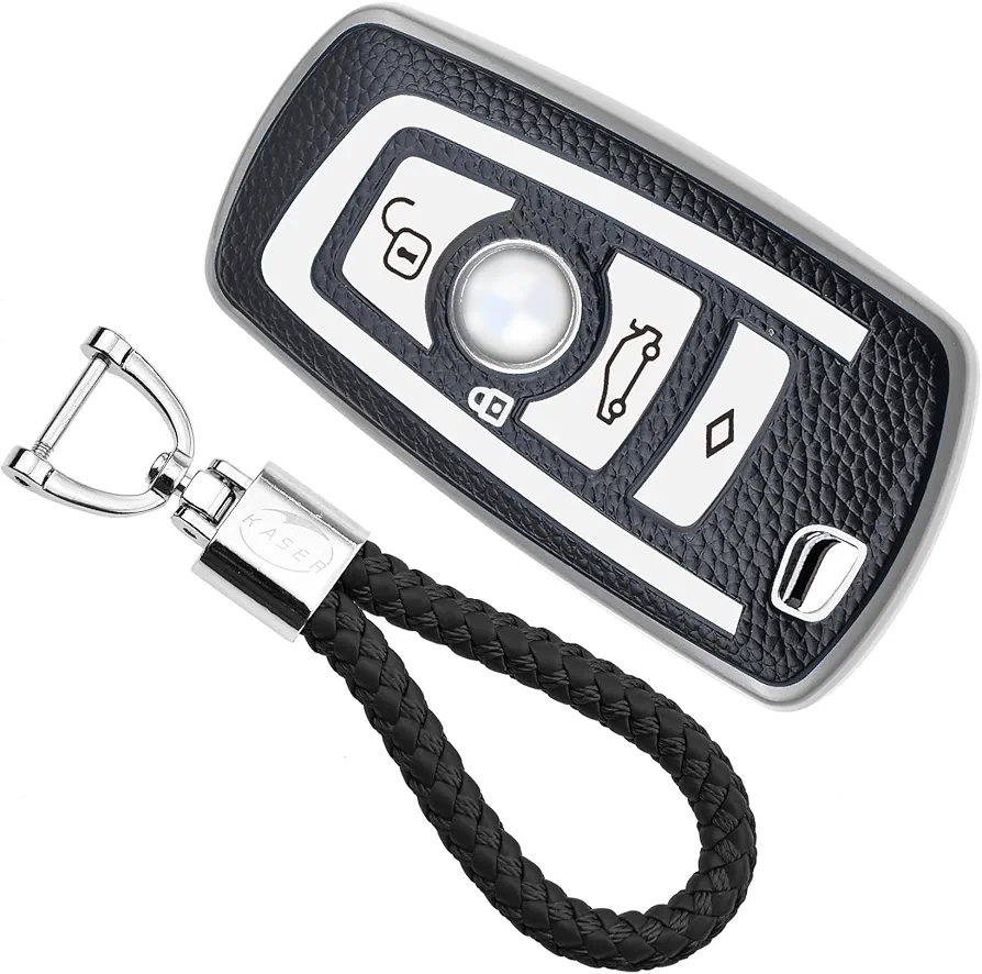 KASER Funda Carcasa Llave Coche Silicona TPU Compatible para BMW Serie 1 3 5 7 X1 X3 X4 X5 X6 F30 E30 Cover Llaveros Efecto Piel Protección para Mando de Coche Keyless (Plata)