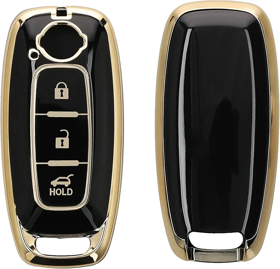 kwmobile Carcasa para Mando Compatible con Nissan 3-Botones Ariya B6 B9 X-Trail T33 Qashqai - Funda para Llaves de Coche de TPU con Botones - Negro/Dorado