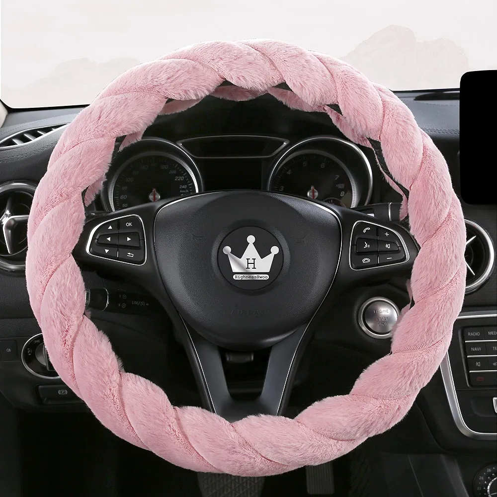 Fundas de Lujo para Volante de automóvil de Invierno para Mujer, Suave y cálido, Lindos Accesorios Interiores de automóvil para sedán, Antideslizante, Rosado, Peludo, Tamaño Estándar(37-38cm)