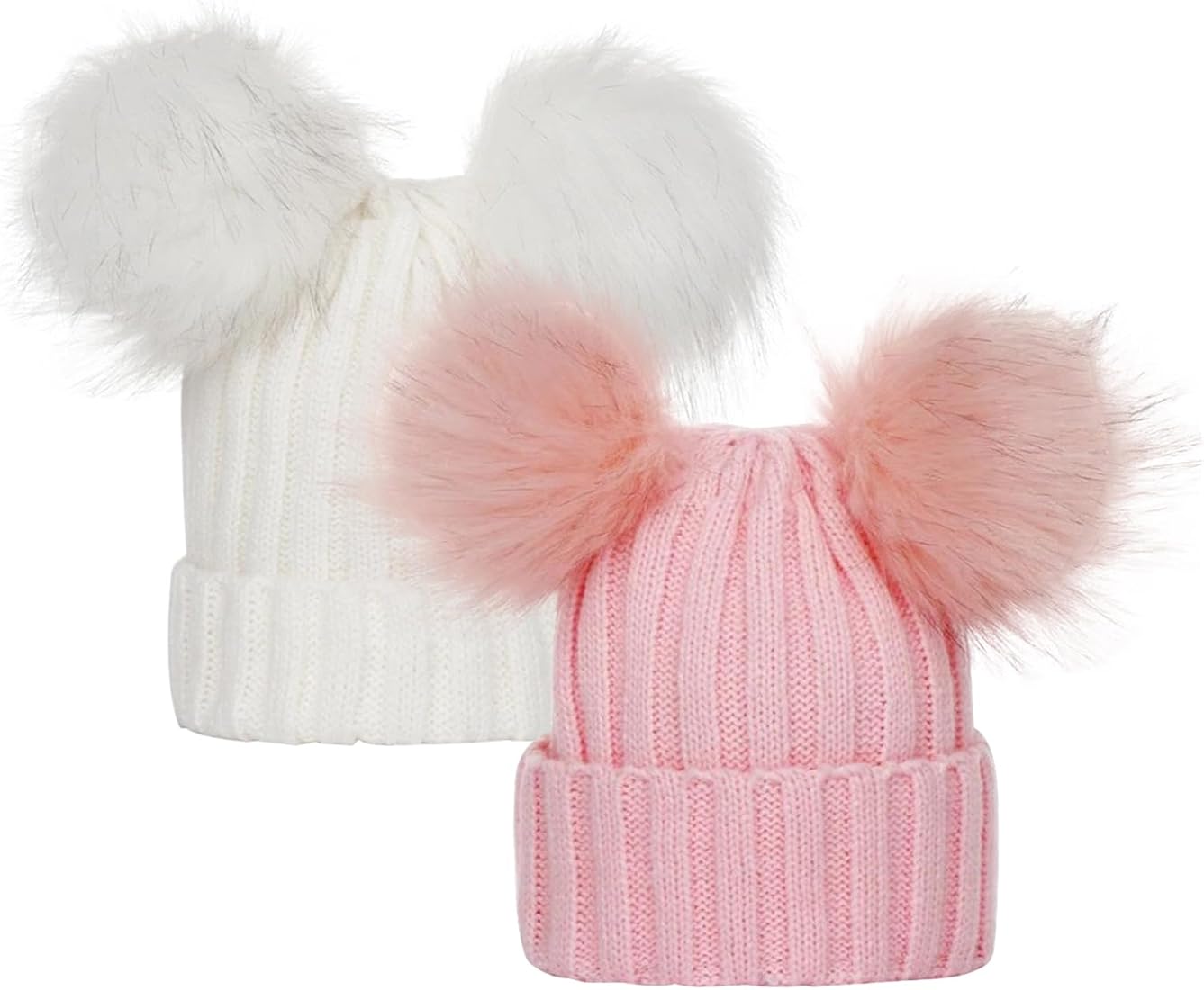 TYXHXTF 2 Pcs Sombrero de Invierno para Bebé, Gorro de Punto con Pompon para 0-3 Años Niño Niña (Blanco+Rosa)