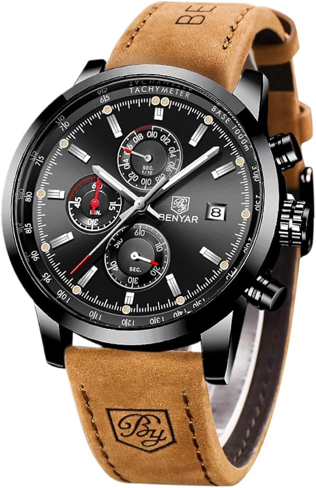 BENYAR Cuarzo cronógrafo Impermeable Relojes Business Casual Deporte Banda Correa de Piel Reloj de Pulsera