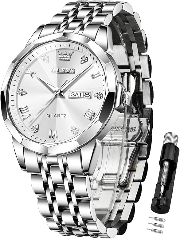 OLEVS Relojes Hombre Diamante Negocios Vestido Analógico de Cuarzo Acero Inoxidable Resistente al Agua Fecha Luminosa bicolor Lujo Casual, 9931-plata/blanco, Pulsera