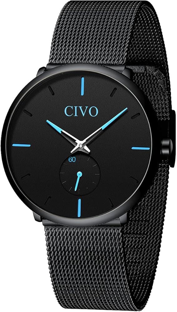 CIVO Reloj Negro Ultra Fino para Hombre Minimalista Lujo Moda Relojes de Pulsera para Hombres Vestir Casual Impermeable Reloj de Cuarzo para Hombre con Banda Negro de Acero Inoxidable