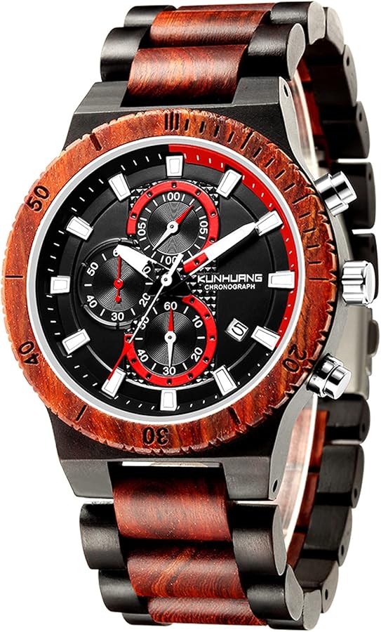 RORIOS Hombre Relojes de Madera Impermeable Analógico Cuarzo Japonés con Correa de Madera Cronógrafo Natural Reloj para Hombres