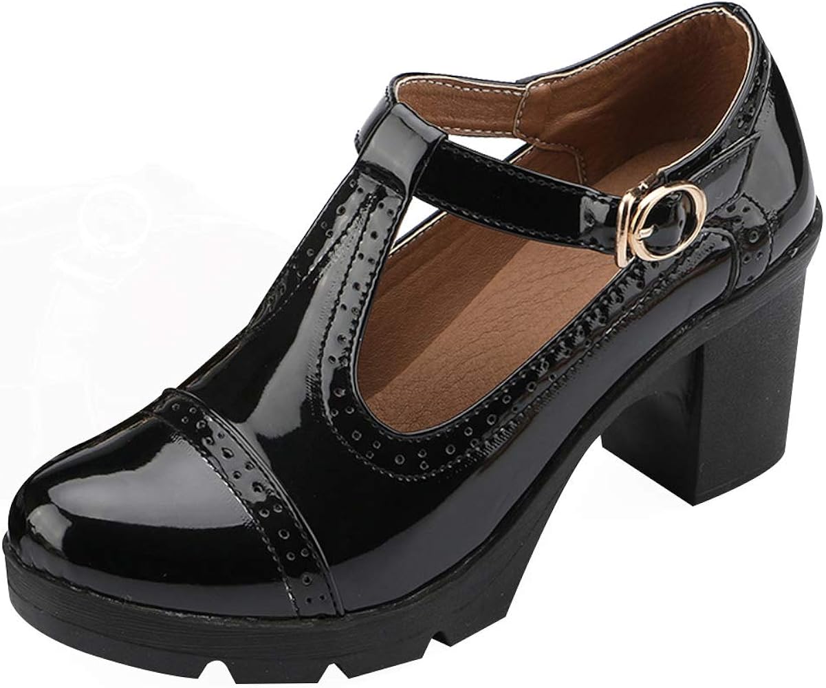 ANUFER Mujer Tacón de Bloque Medio T-Correa Brogues Pumps Mary Janes Uniforme Oficina Zapatos de Vestir