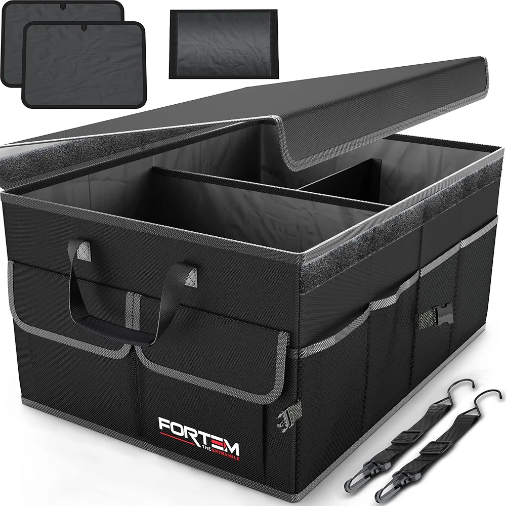FORTEM Organizador de Maletero Coche y SUV - Organizador de Coche para Almacenamiento - Caja Plegable con 2 Compartimentos Estándar - Base Antideslizante - Cinchas Ajustables - Tapa Extraíble (Negro)