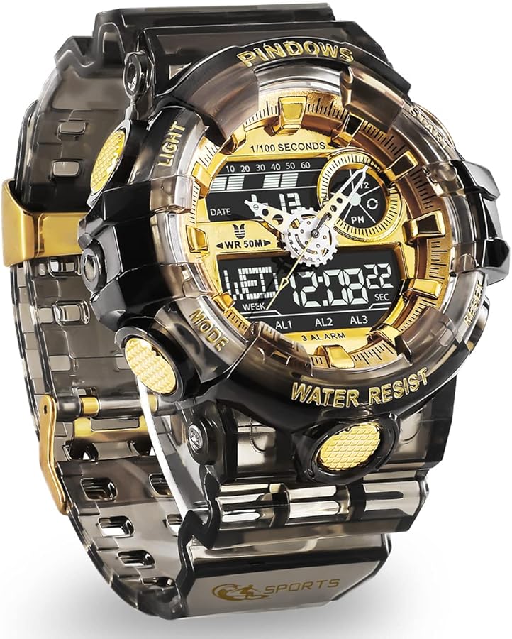 PINDOWS Relojes Hombre Relojes Digital Deportivo Hombre Analógico Digital con Impermeable Luz 3 Grupos de Alarma Cuenta Regresiva Dual-Time Cronógrafo Timer Multifuncional Reloje
