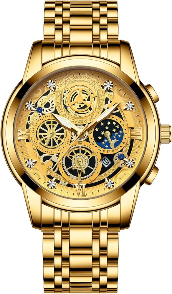 JewelryWe Reloj para Hombre, Reloj de Hombre de Moda de Negocios Escala de Diamantes de Imitación Tres Ojos Engranaje Calendario Decorativo Disponible Puntero Luminoso de Acero Inoxidable