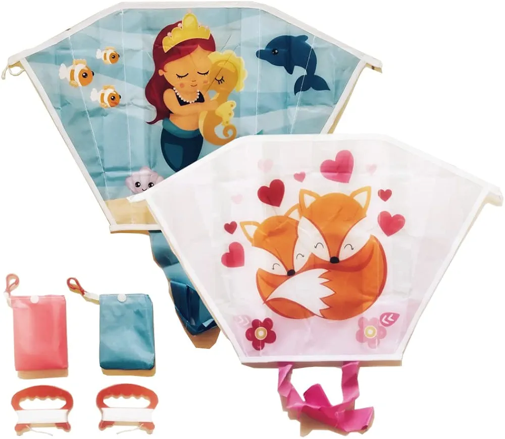 Juego de 2 cometas infantiles – Mini bolsillo de cometa sirena zorro – Interior dragón de vuelo para niños niñas a partir de 3 años con cuerda de dragón y cola de rayas, azul y rosa