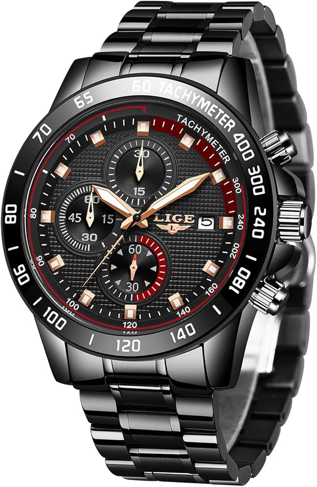 LIGE Reloj para Hombre Cronógrafo Correa de Acero Inoxidable Impermeable Deportivo Negocio Casual Negro para Caballero…