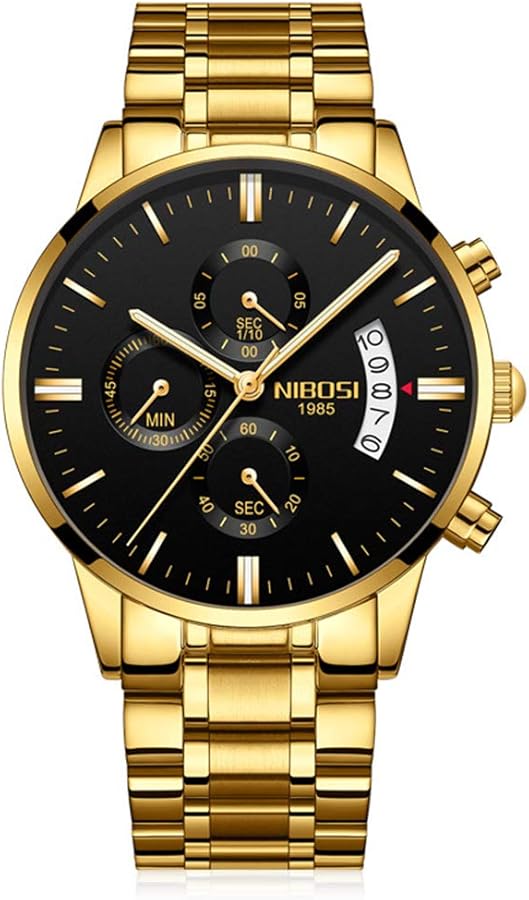 Relojes Hombre Cronógrafo Oro Reloj de Pulsera Calendario Números Romanos con Correa de Acero Inoxidable