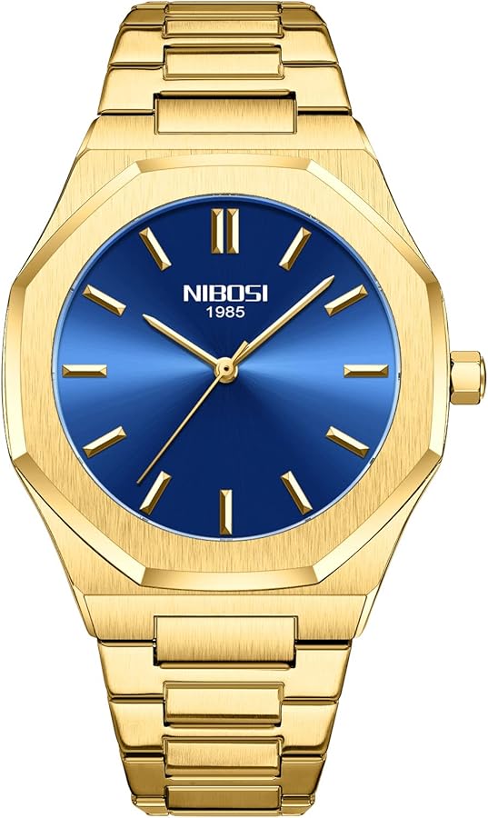 NIBOSI Relojes para hombre relojes analógicos minimalistas esfera octogonal relojes para hombres impermeable reloj de pulsera de negocios con correa dorada de acero inoxidable