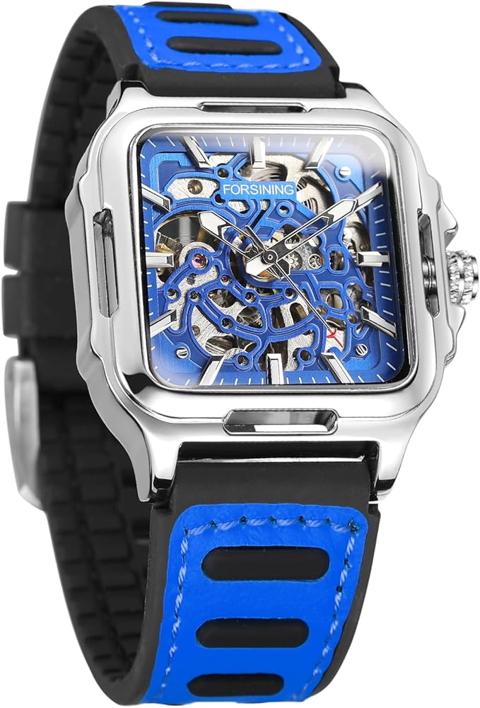 FORSINING Reloj de pulsera para hombre, resistente al agua, elegante, automático, Steampunk, correa de silicona, cuadrado luminoso