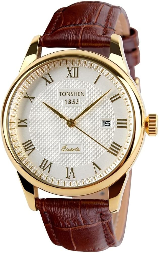 TONSHEN Relojes de Mujer Hombre Analógico Cuarzo Negocio Relojes de Pulsera Correa de Cuero Y Dorado Acero Inoxidable Bisel Estilo Diseño Simple