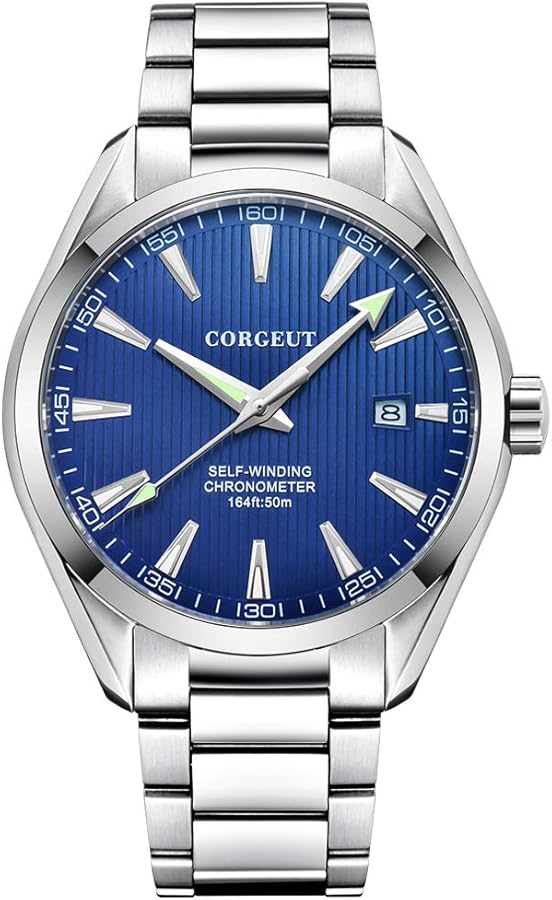 Corgeut Reloj para hombre con función de fecha y cristal de zafiro luminoso, movimiento automático Miyota 8215, 3021bg-azul, pulsera