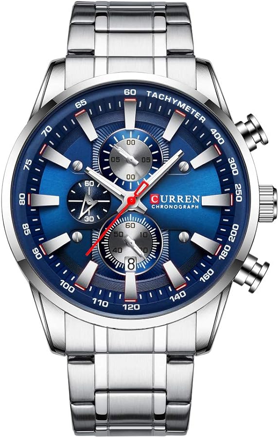 CURREN Reloj para hombre con múltiples zonas horarias, visualización de fecha, caja azul, acero inoxidable, plateado, reloj deportivo plateado 8351, pulsera