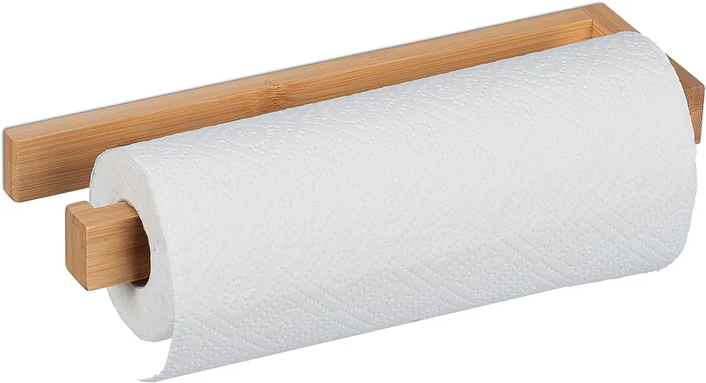 Relaxdays Portarrollos de Cocina para Pared, Soporte Rollo Papel, Bambú, Adhesivo, Sin Taladrar, 3 x 31 x 9 cm, Natural