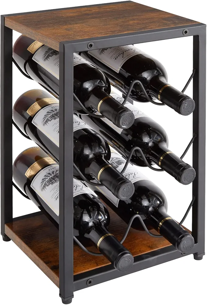 IBUYKE Botellero De Mesa para 6 Botellas, Botellero Apilable De 3 Niveles, Botellero Madera para Encimera, Botellero Independiente para Cocina, Comedor, Bar, Sala De Estar, Marrón Rústico TMJ901H