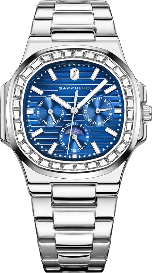 SAPPHERO Watches Men's Square Analogue Watch 30 m Waterproof Luminous Men's Quartz Chronograph Stainless Steel Classic Elegant Gift Designer