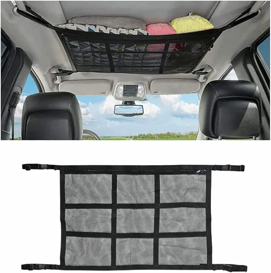 Redes de Almacenaje para Coche, Organizador de Red Almacenamiento para Techo de Coche, Red Techo Furgoneta Camper con Cremallera, Universal Bolsa de Almacenaje de Viaje para Jeep Van SUV(80cm*53cm)