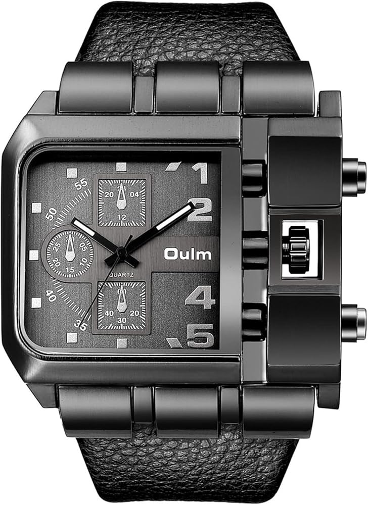 JewelryWe Reloj militar para hombre con esfera cuadrada grande reloj de cuarzo deportivo casual reloj de pulsera de cuero, negro