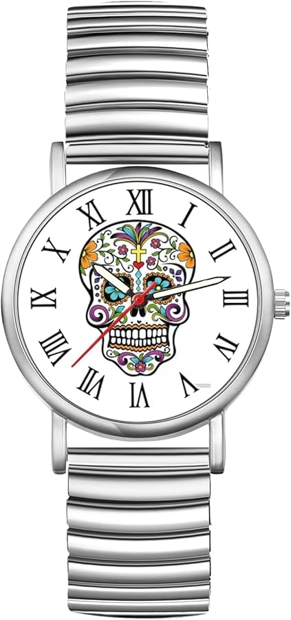 JewelryWe Reloj Correa Elástica Calavera: Relojes de Pulsera Cuarzo Analógicos Redondo para Hombre y Mujer Escala de Números Romanos - para Fiesta Ocio Negocios Regalos